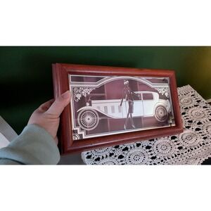 Vintage Wooden Velvet Jewelry Box Art Deco Flapper Car Glass Lid Silver Etching